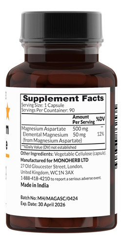 Aspartato De Magnésio 500 Mg Por Cápsula - 90 Cápsulas Veget - Imagem 2