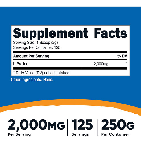 Suplemento Nutricost L-prolina Em Pó 250g - 2.000 Mg/porção - Imagem 2