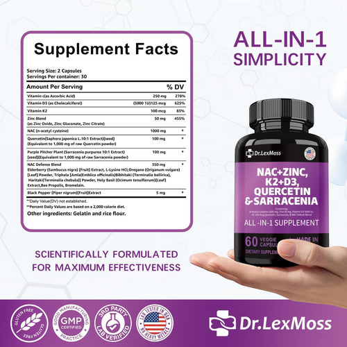 Suplemento Nac N-acetil Cisteína 1000mg Vitamina D3 K2 Zinco - Imagem 2