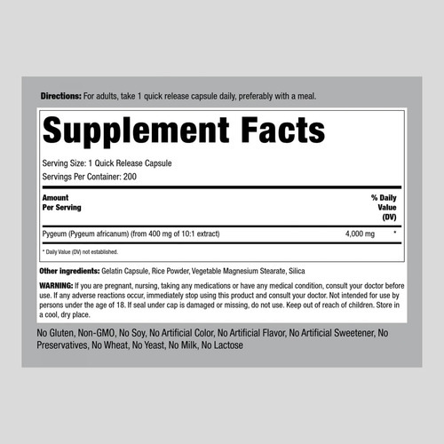 Suplemento Piping Rock Pygeum 4000 Mg | 200 Cápsulas | Extra - Imagem 2