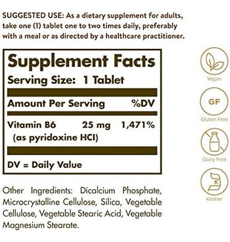 Solgar Vitamina B6 25 Mg, 100 Comprimidos - Apoia O Metabol - Imagem 2