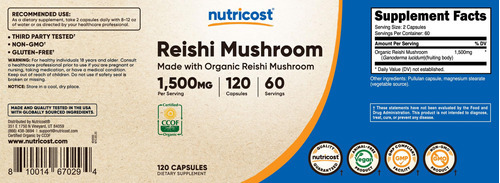 Suplemento Nutricost Reishi Mushroom Capsules 1500mg 120ct - Imagem 7