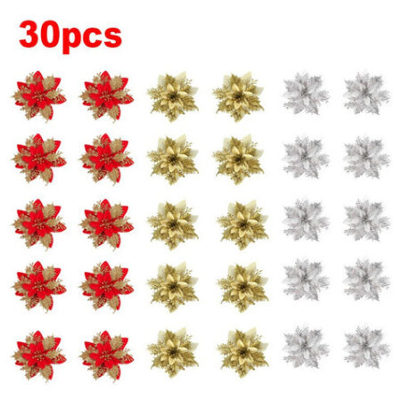 30 Peças De Flores De Natal Artificiais Douradas Brilhantes - Imagem 10