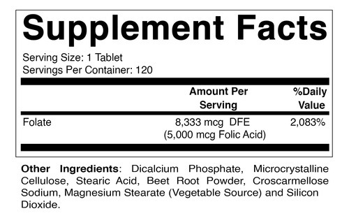 Suplemento Vitamático De Ácido Fólico 5mg (5000 Mcg) 120 Com - Imagem 2