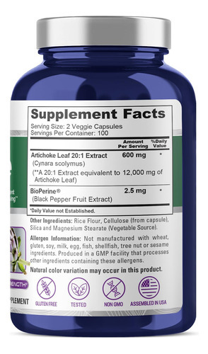 Suplemento De Extrato De Alcachofra Nusapure 12000mg 200 Cáp - Imagem 2