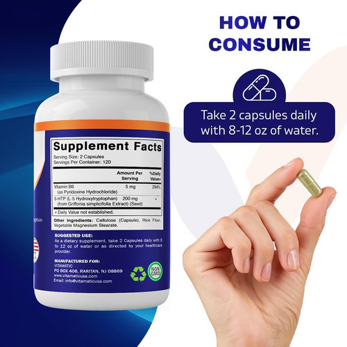 Vitamatic 5-htp 200 Mg Com B6 5 Mg Por Porção - 240 Cápsulas - Imagem 7