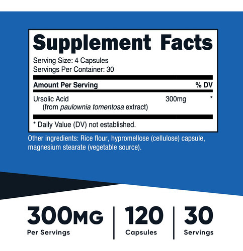 Suplemento Nutricost Ácido Ursólico 300mg 120 Cápsulas - Imagem 3
