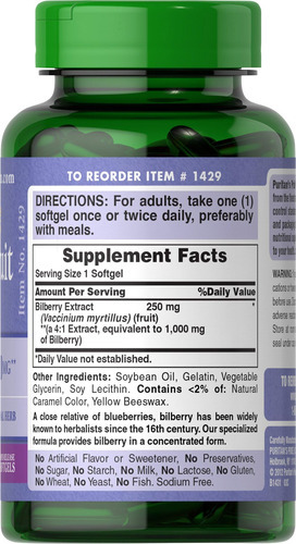 Extrato De Fruta De Mirtilo Premium Puritans Pride 250 Mg (e - Imagem 3