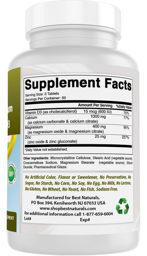 Best Naturals Cálcio Magnésio Zinco Com Vitamina D3, 150 Com - Imagem 6