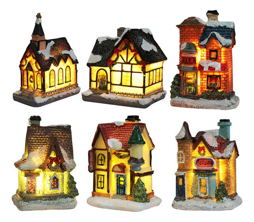 - 6 Peças De Led Em Miniatura Casa De Natal Iluminada Igreja