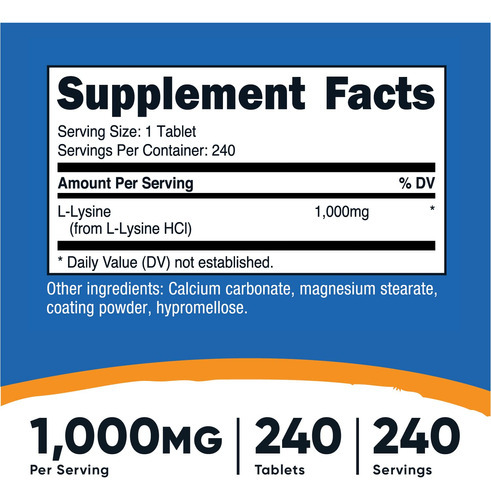 Suplemento Nutricost L-lisina 1000 Mg 240 Comprimidos - Imagem 3