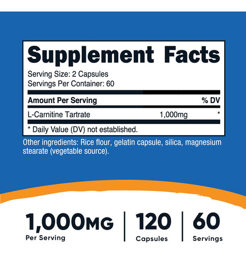Suplemento Nutricost Tartarato De L-carnitina 1000 Mg 120 Cá - Imagem 3
