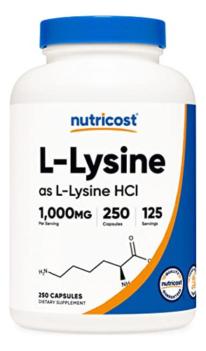 Suplemento Nutricost L-lisina 1000 Mg 250 Cápsulas Sem Glúte