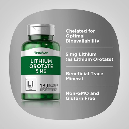 Piping Rock Orotato De Lítio 5mg | 180 Cápsulas | Não-gmo... - Imagem 4