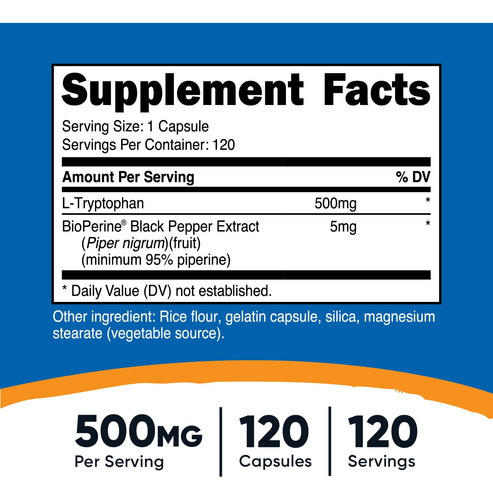 Suplemento Nutricost L-triptofano 500 Mg 120 Cápsulas - Imagem 2