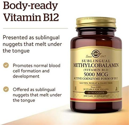 Vitamina B-12 Marca Solgar, 5000 Mcg, 60 Comprimidos - Imagem 3