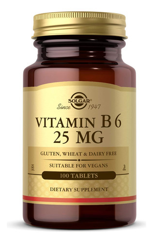Solgar Vitamina B6 25 Mg, 100 Comprimidos - Apoia O Metabol