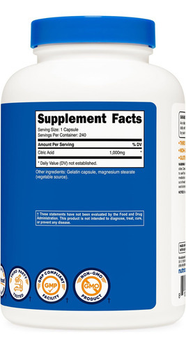 Nutricost Ácido Cítrico 1000mg (1 Grama), 240 Cápsulas - Sem - Imagem 5