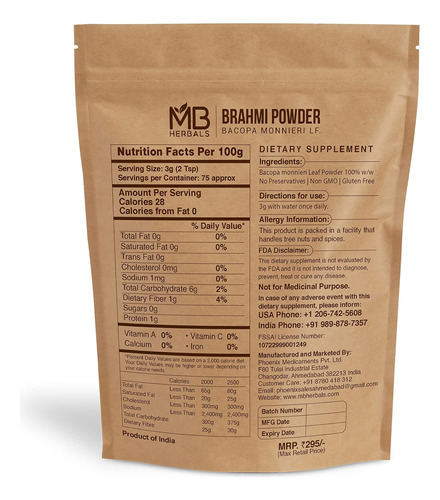 Mb Herbals Puro Brahmi Em Pó 227g | Meia Libra | Pó De Bacop - Imagem 2