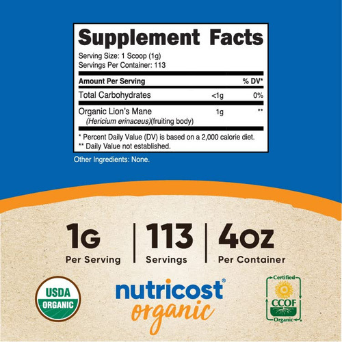 Cogumelo Em Pó Nutricost Organic Lion's Mane 113,4g - Imagem 2