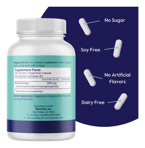 Bestvite Benfotiamina 300mg (60 Cápsulas Vegetarianas) Sem E - Imagem 2