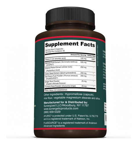 Suplemento Sunergetic Premium Uric Acid Support 60 Cápsulas - Imagem 2