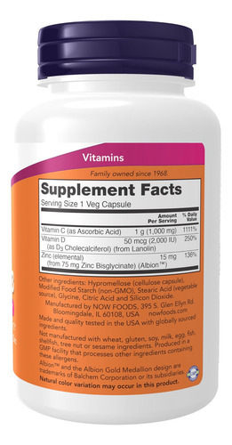 Suplementos Now, C-1000 Zinco E D-3, Suporte Imunológico Saz - Imagem 2