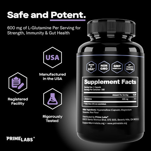 Cápsulas De Glutamina Prime Labs L 600mg - Suporta Força, Re - Imagem 3