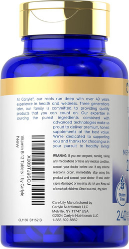 Carlyle Vitamina B-12 | 2000mcg | 240 Comprimidos De Dissolu - Imagem 3