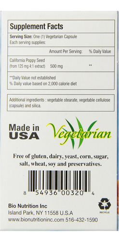Bio Nutrition California Poppy Vegi-caps, 60 Count - Imagem 3