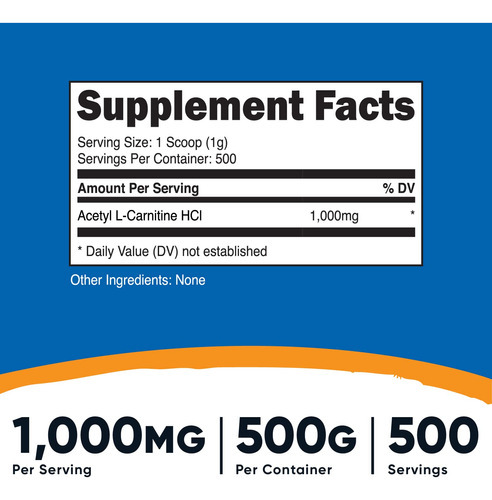 Suplemento Nutricost Acetil L-carnitina (alcar) 500g 1000mg - Imagem 3
