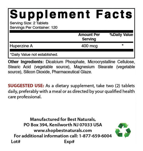 Best Naturals Huperzine A 400 Mcg Por Porção - 240 Comprimid - Imagem 2