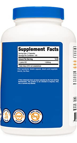 Suplemento Nutricost L-lisina 1000 Mg 250 Cápsulas Sem Glúte - Imagem 4