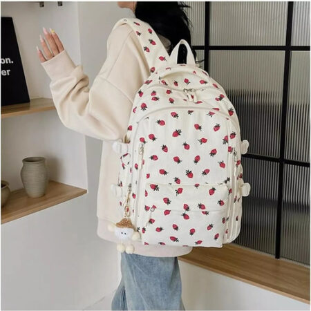Novo Mochila De Veludo Cotelê E Morango 2024, Linda Mochila - Imagem 4