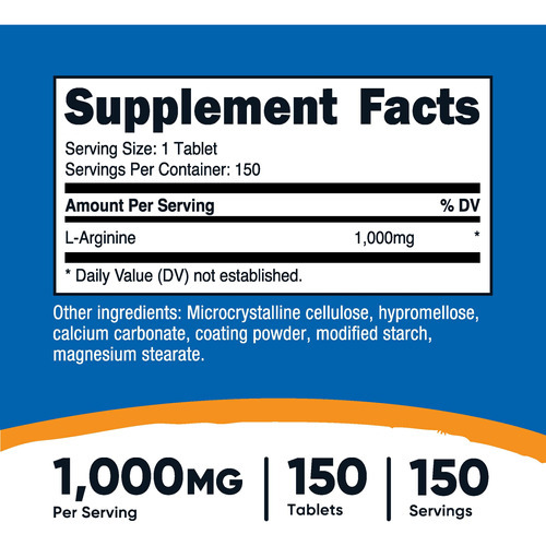 Suplemento Nutricost L-arginina 1000 Mg Comprimidos (150 Com - Imagem 3