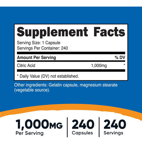 Nutricost Ácido Cítrico 1000mg (1 Grama), 240 Cápsulas - Sem - Imagem 2