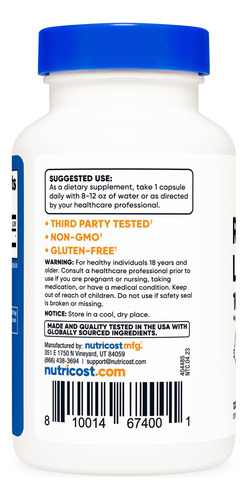 Suplemento Nutricost Ácido R-alfa-lipóico 100mg 120 Cápsulas - Imagem 4