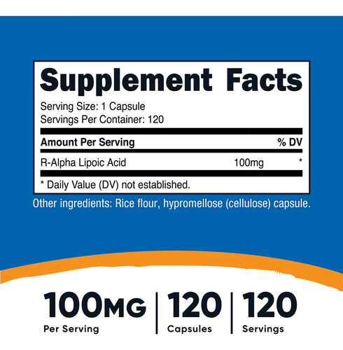 Suplemento Nutricost Ácido R-alfa-lipóico 100mg 120 Cápsulas - Imagem 2