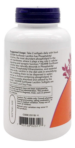 Now Foods Lecitina De Girassol 1200mg, 100 Contagem - Imagem 3