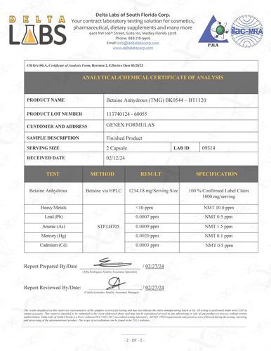 Suplemento Genex Tmg 1000mg Betaína Anidra 120 Cápsulas - Imagem 3