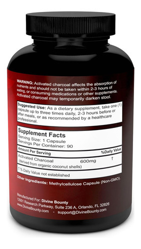 Cápsulas De Carvão Ativado Orgânico Divine Bounty - 600mg Pí