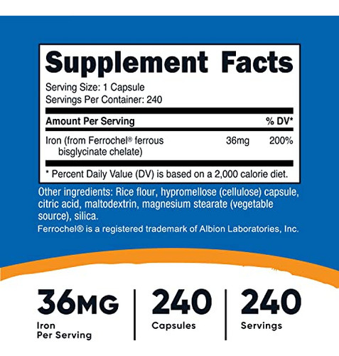 Suplemento De Ferro Nutricost Quelated Iron 36mg 240 Cápsula - Imagem 2