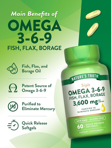 Natures Truth Triplo Omega 3-6-9 Softgels | 3600mg | 60 Cont - Imagem 5