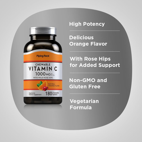 Piping Rock Vitamina C Mastigável 1000mg | 180 Comprimidos | - Imagem 4