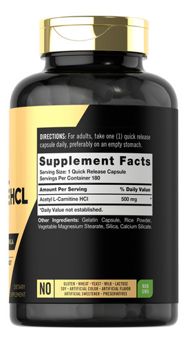 Suplemento Carlyle Acetil L-carnitina Hcl 500 Mg 180 Cápsula - Imagem 2