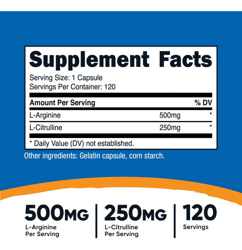 Suplemento Nutricost L-arginina L-citrulina 750 Mg 120 Cápsu - Imagem 3