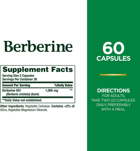 Natures Bounty 1000mg Berberine Herbal Health Capsules Apoia - Imagem 2