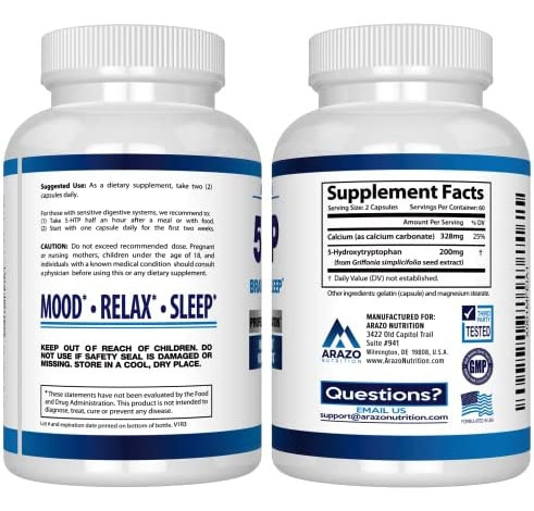 Arazo Nutrition 5-htp 200mg Mais Cálcio Para O Humor, Sono S - Imagem 3