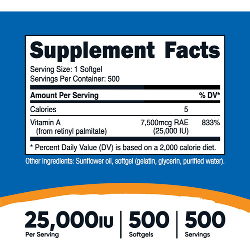 Suplemento De Vitamina A Nutricost 25000 Ui 500 Cápsulas Gel - Imagem 3