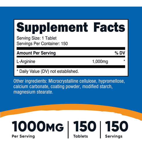 Suplemento Nutricost L-arginina 1000 Mg Comprimidos (150 Com - Imagem 2